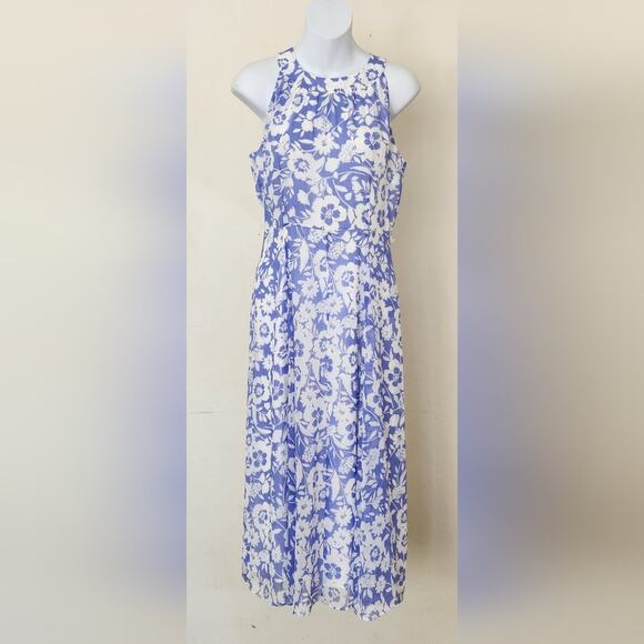 TOMMY HILFIGER Blue White Floral Print Halter Neck Sleeveless Fit & Flare Dress - Picture 2 of 9